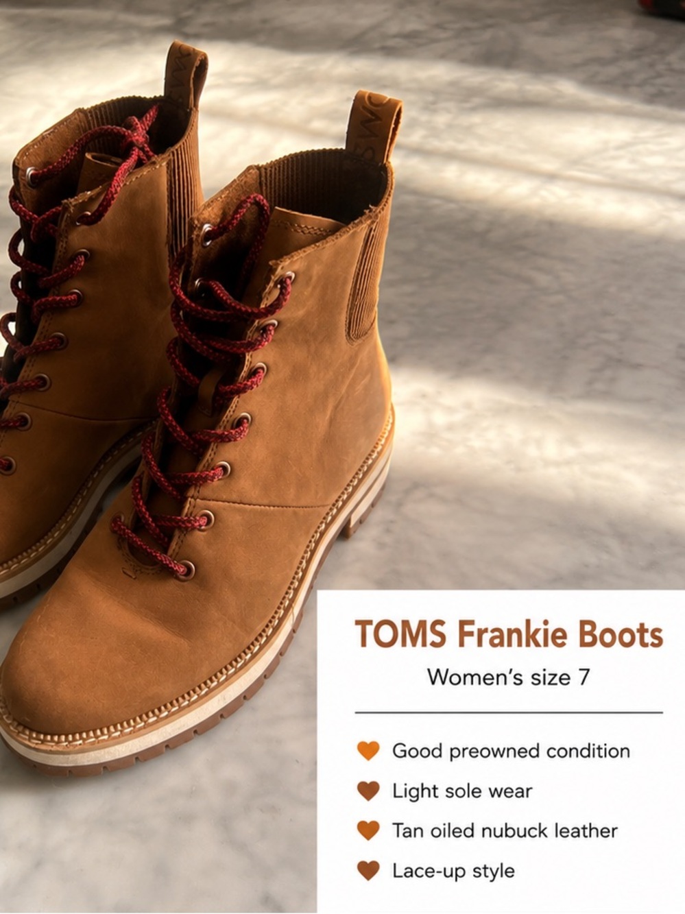 TOMS Tan Lace-Up Frankie Boots with Burgundy Laces